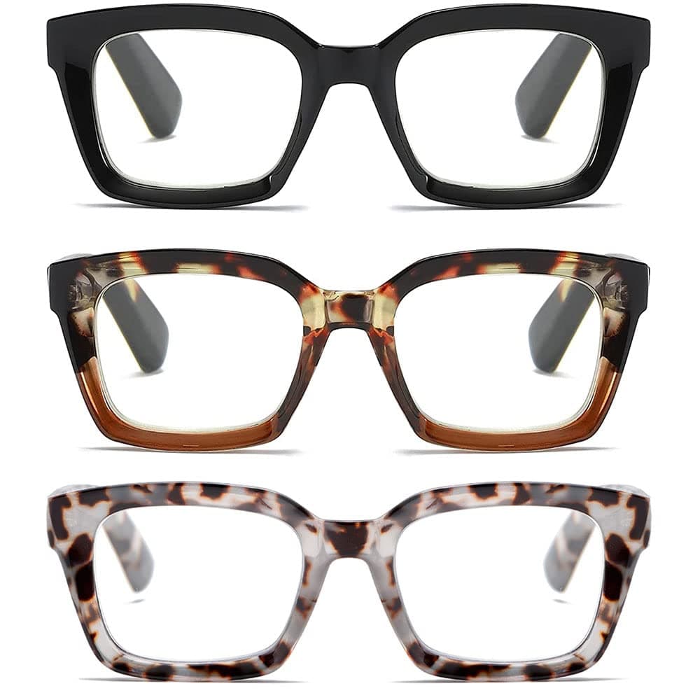 3 Pack Readers for Women Fashion Style Square Reading Glasses with Spring Hinge Blue Light Blocking for Men Ladies HCB +1.5
