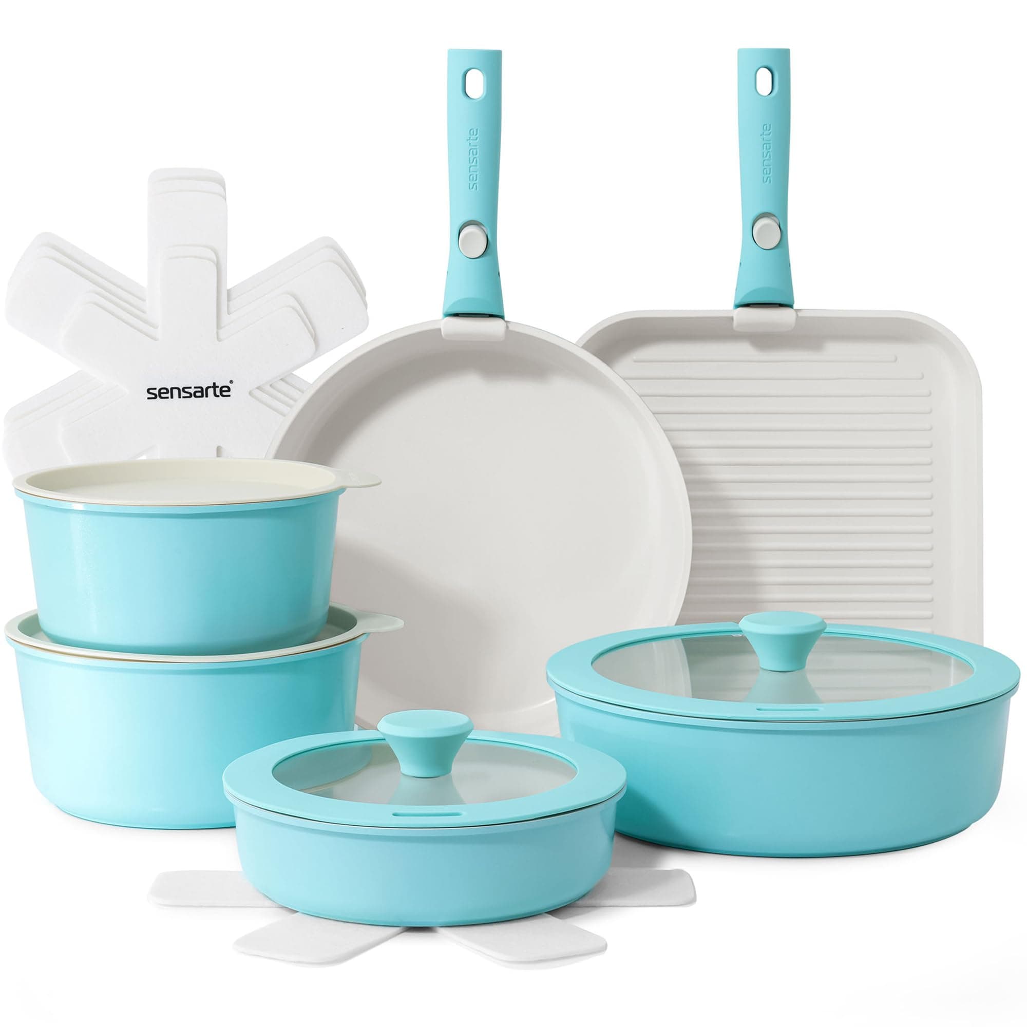 SENSARTE 17 Piece Ceramic Pots and Pans Set, Nonstick Detachable Handle Cookware, Induction Kitchen Cookware Set with Removable Handle, Dishwasher ＆ Oven Safe (Turquoise)