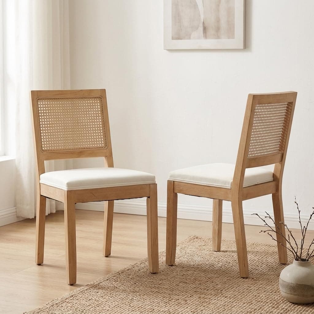 French Country Dining Chairs Set of 2, Beige Modern Kitchen & Dining Room Chairs, Rattan Dining Chair with Linen Upholstered Cushion, Low Cane Back, Wood Legs, Sillas de Comedor (Beige, 2 Pcs)