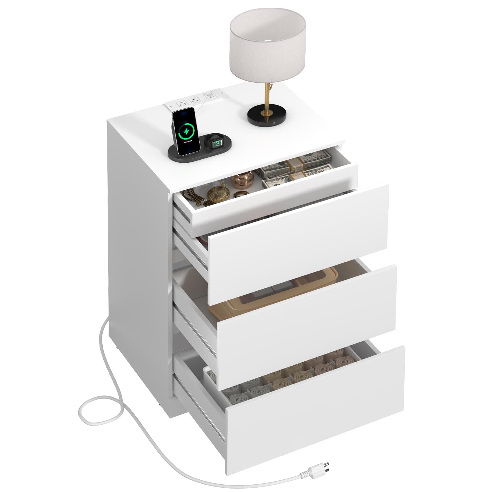 Nightstand with Charging Station and Hidden Drawer, 26" H, White