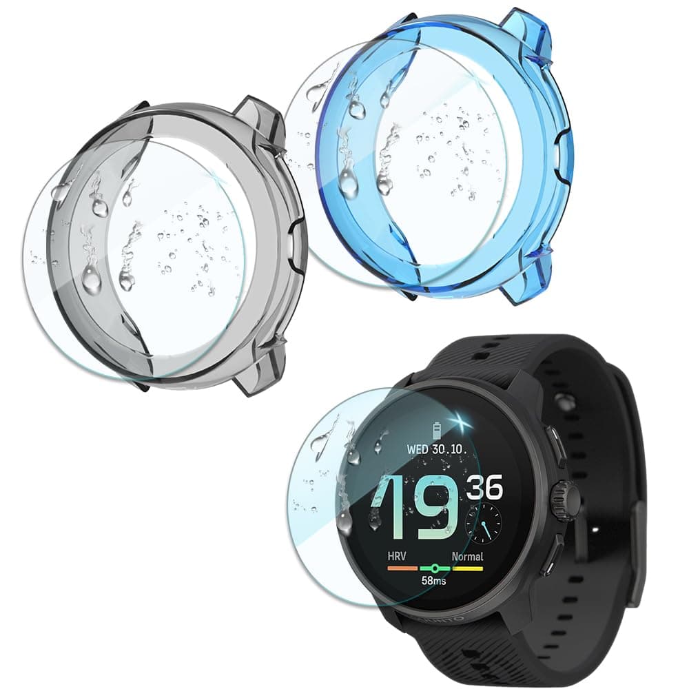 ISRcnst Compatible for Suunto Race S Screen Protectors ，9H Hardness Tempered Glass Protective Film Kit+TPU Soft Frame Case Shockproof (3+2 Pack)