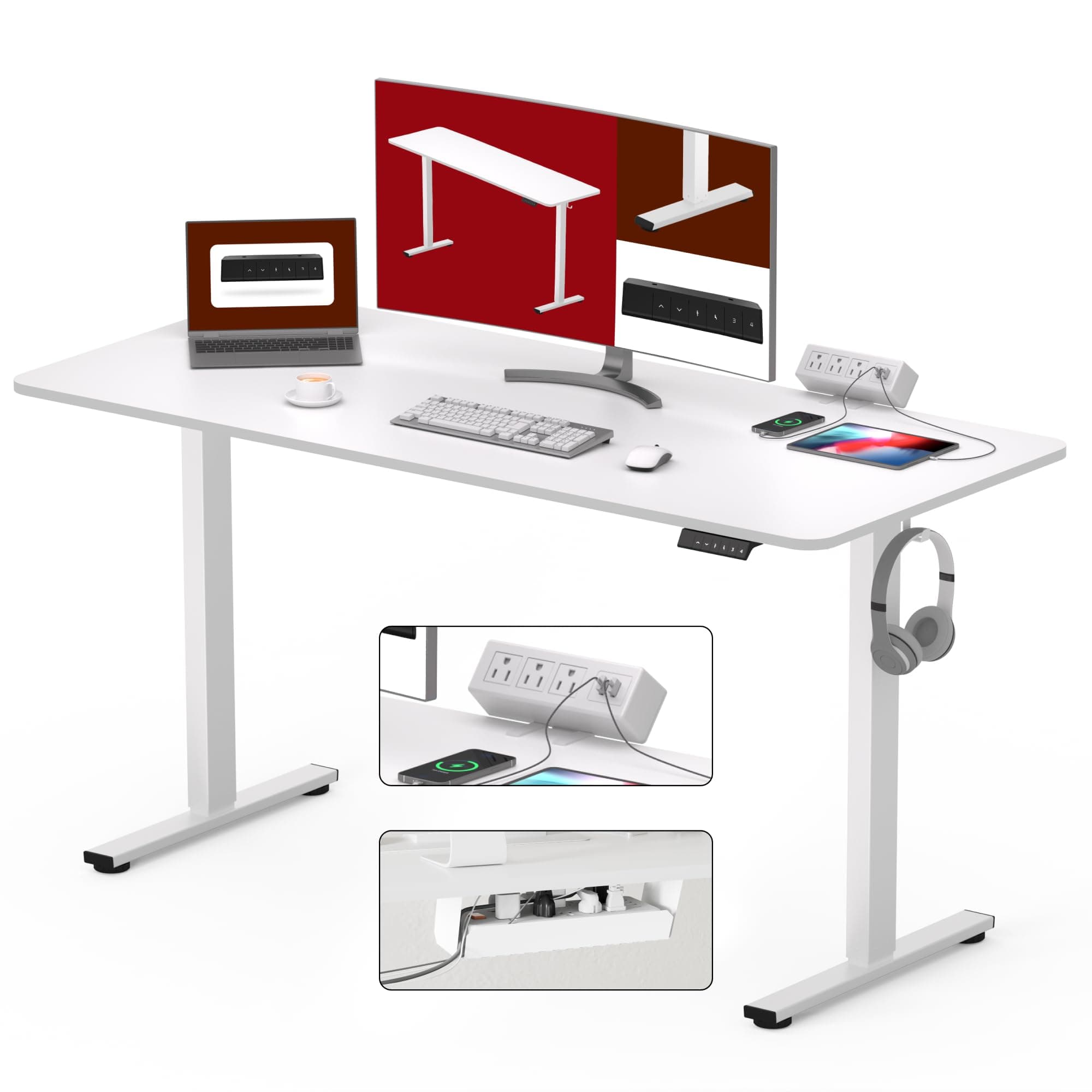 SANODESK Electric Standing Desk with Desk Clamp Power Strip 60"x 24" Whole-Piece Desktop Height Adjustable Stand Up Desk with Cable Management Sit Stand Home Office Desk White Frame/White Top