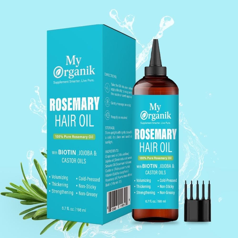 My Organik 100% Pure Rosemary Oil For Hair Growth (6.7 fl oz) Infused With Biotin, Jojoba & Castor Oil | Hair strengthening Treatment | Nourishing & Volumizing | Non GMO Verified