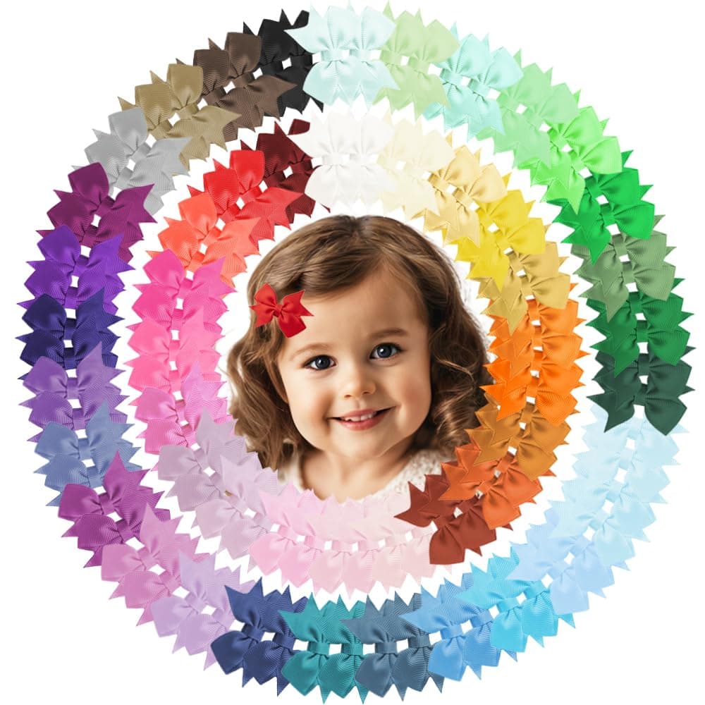Baby Hair Clips, 100PCS 2" Fully Lined Hair Bows for Girls, Toddler Hair Accessories, Alligator Hair Clips for Girls Toddlers Baby Kids Teens (50 Colors in Pairs）