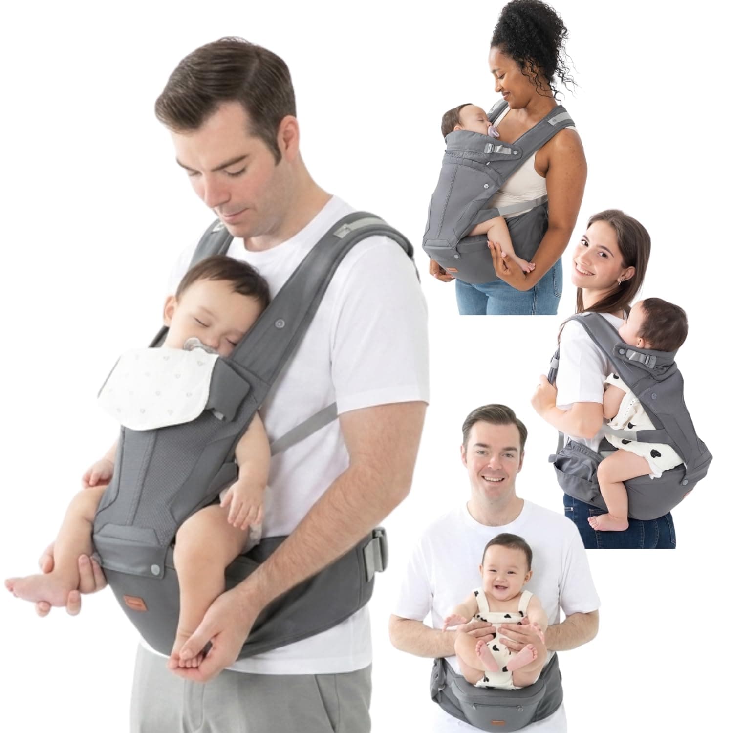 BabbleRoo 6-in-1 Baby Carrier with Hip Seat, Ergonomic Newborn to Toddler Carrier 7–50 lbs, Front Back Hip Carry, Lumbar Support, Sun Hood, Safety-Certified, Gray