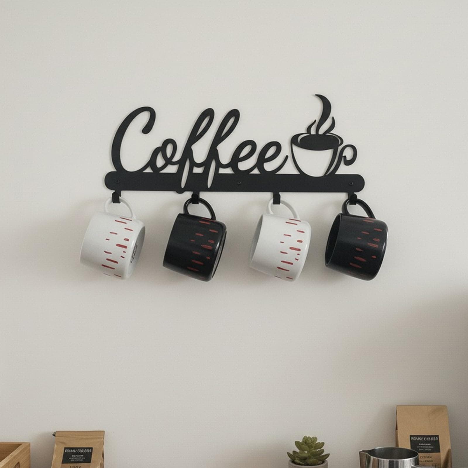 Aimto Black Metal Wall Mounted Coffee Mug Holder,with 4 Hooks and Metal Sign Modern Coffee Sign for Kitchen, Bar Station Accessories Decor