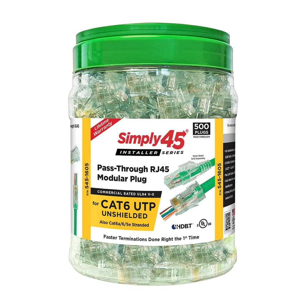 Simply45 Unshielded Pass-Through RJ45 Modular Plugs for 23AWG Solid (Cat6) - Green, 26-24AWG Stranded, 3 Prong, 500 Pieces - S45-1605