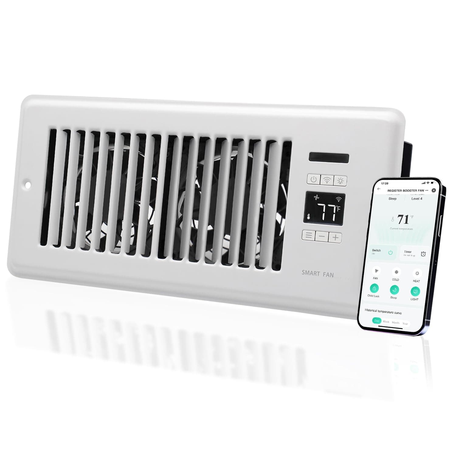 SANYCASA Register Booster Fan for 4" x 10" Register Holes, Super Quiet Vent Fan Booster with Intelligent Thermostat, Improves Heating & Cooling Vents, App Control, 10-Speeds, White