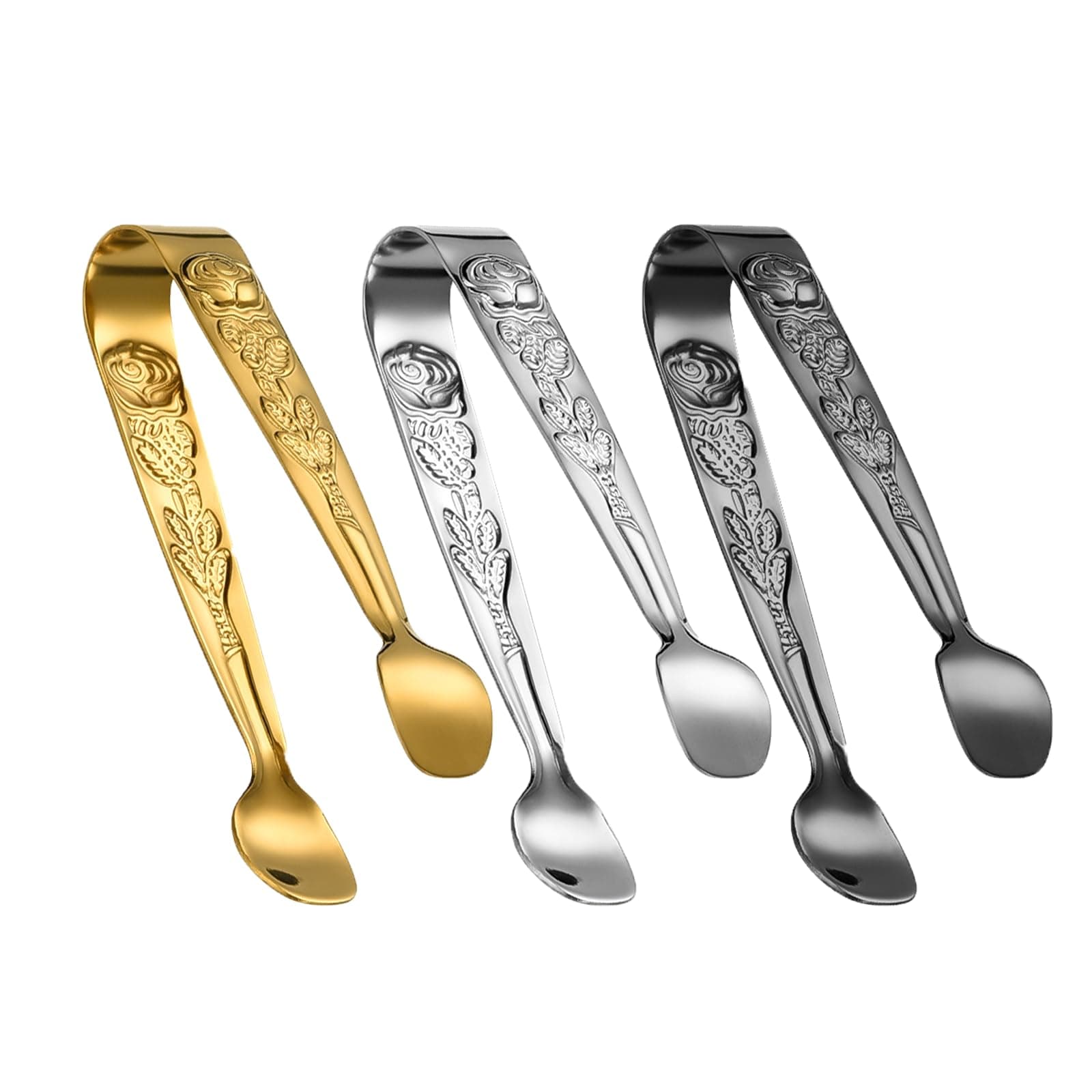 ZYHUI Ice Tongs Stainless Steel Sugar Tongs 3 PCS Mini Tongs for Food Small Metal Tongs with Embossed Rose Flower Serving Tongs for Ice Cubes Lemon Slices Biscuits (Gold, Silver, Black), 1.8*10.5cm
