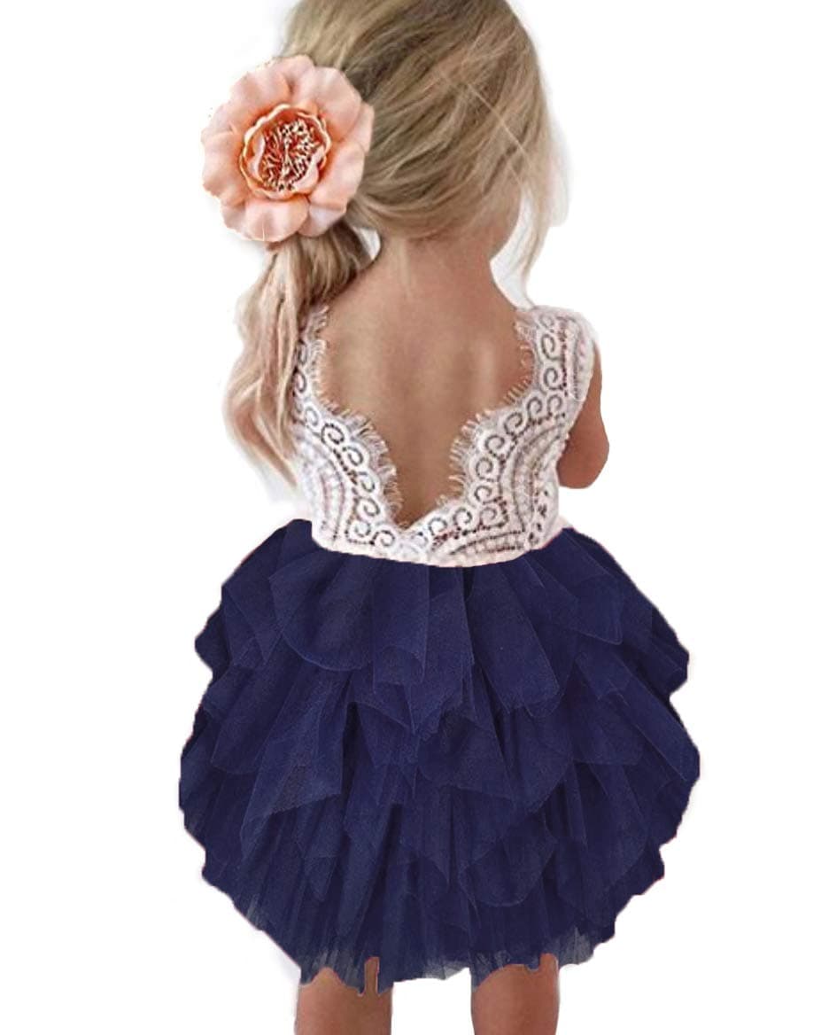 Topmaker Backless A-line Lace Back Flower Girl Dress, Sleeve-navy, 4T