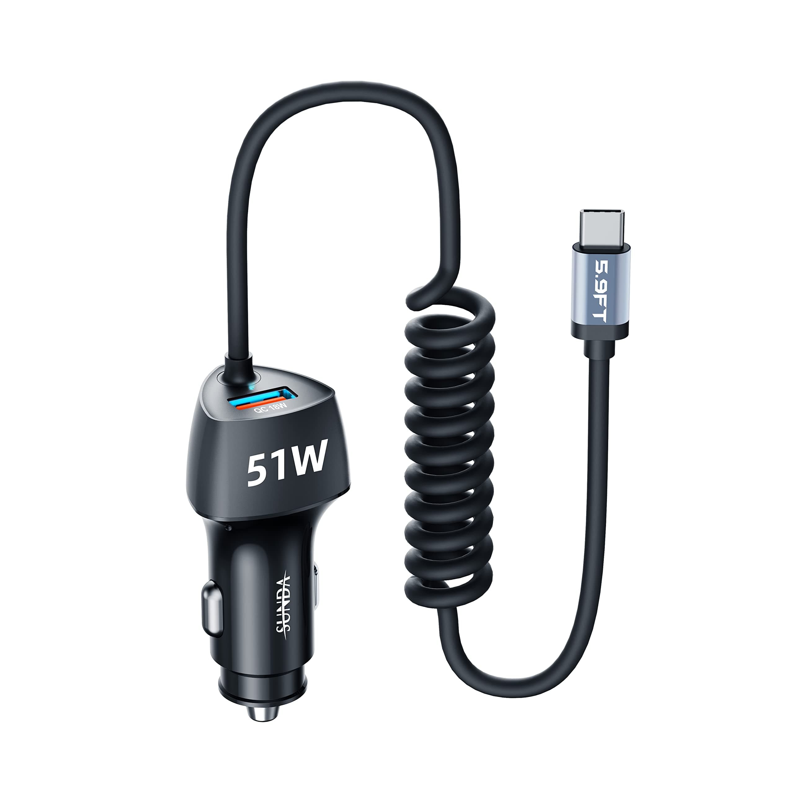 SUNDA USB C Fast Car Charger 51W Dual Ports, Built-in 5.9FT Type C Phone Charger Cable, USB-C Port Charger with PPS 33W/PD 30W/&QC 18W, Compatible with Samsung Galaxy S22/S21/A12/A20/A51/Note22