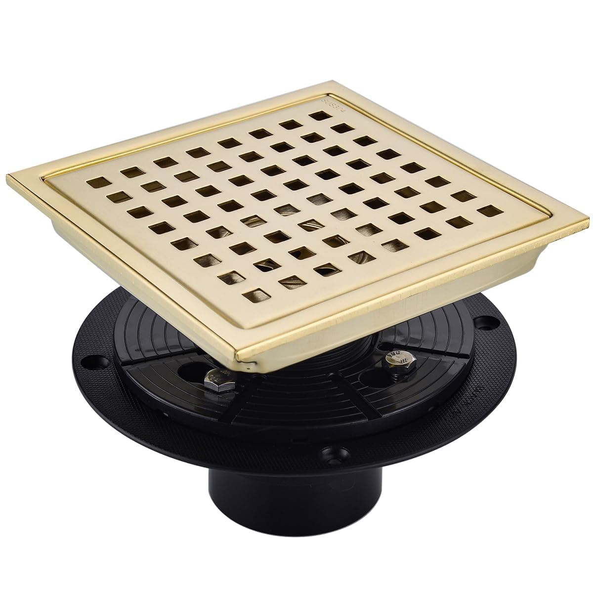 RANDOM Brushed Gold Shower Drain Square 6 Inch Shower Drain Cover Kit with Flange,SUS 304 Stainless Steel Shower Floor Drain with Removable Grid Cover and Hair Strainer