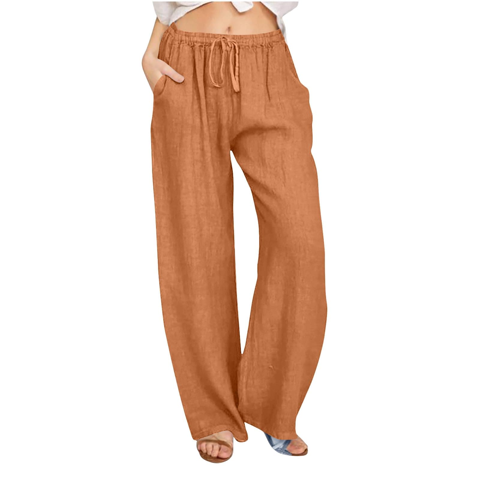 Wide Leg Trousers for Women UK Cotton Linen Elasticated High Waist Drawstring Linen Trousers Womens Straight Leg Joggers Ladies Bottoms Lounge Casual Fashion Beach Palazzo Pants with Pockets Summer