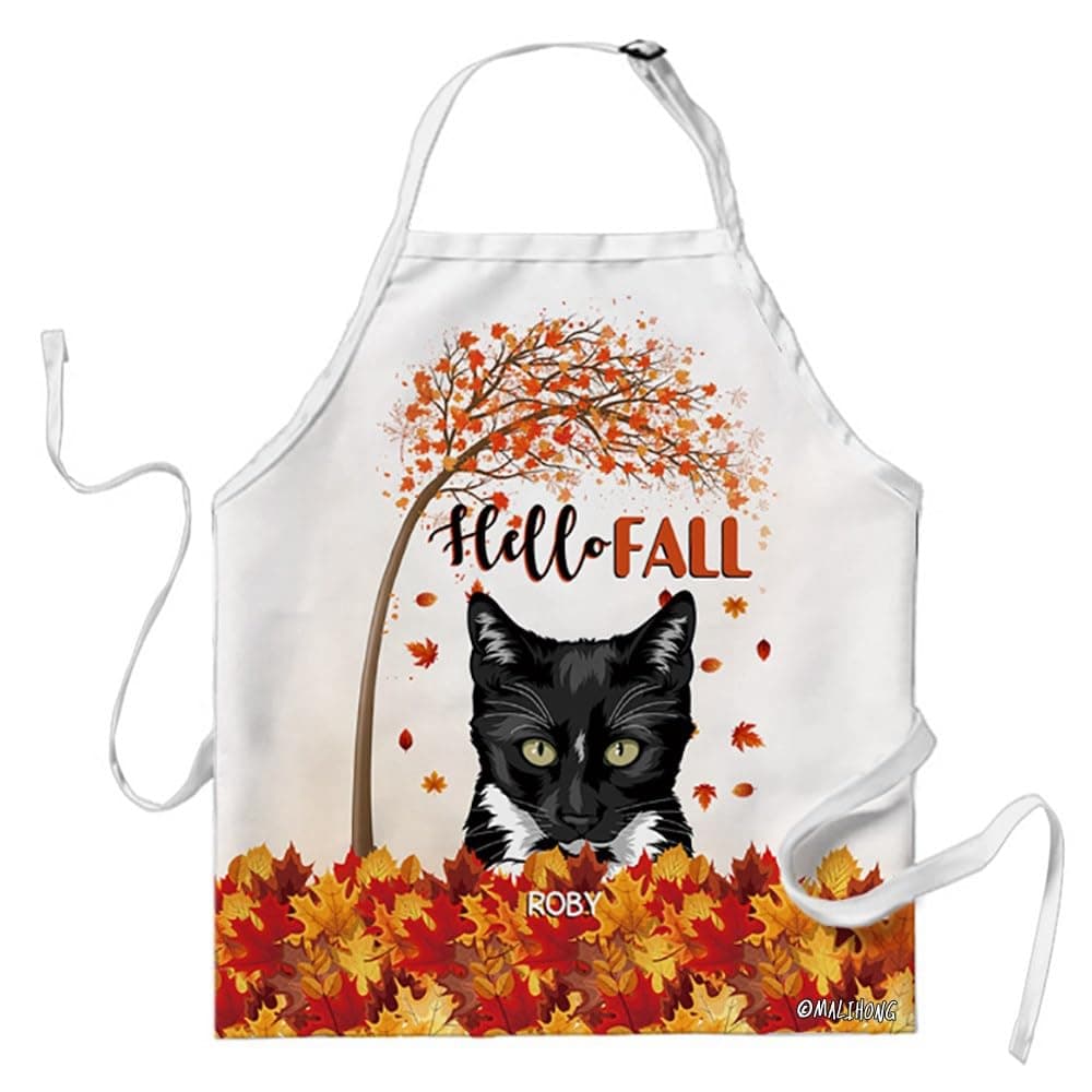 MALIHONG Hello Fall Yellow Maple Leaves Somali Cat Apron for Cooking Baking, Tuxedo Cat, 29x34 Inch