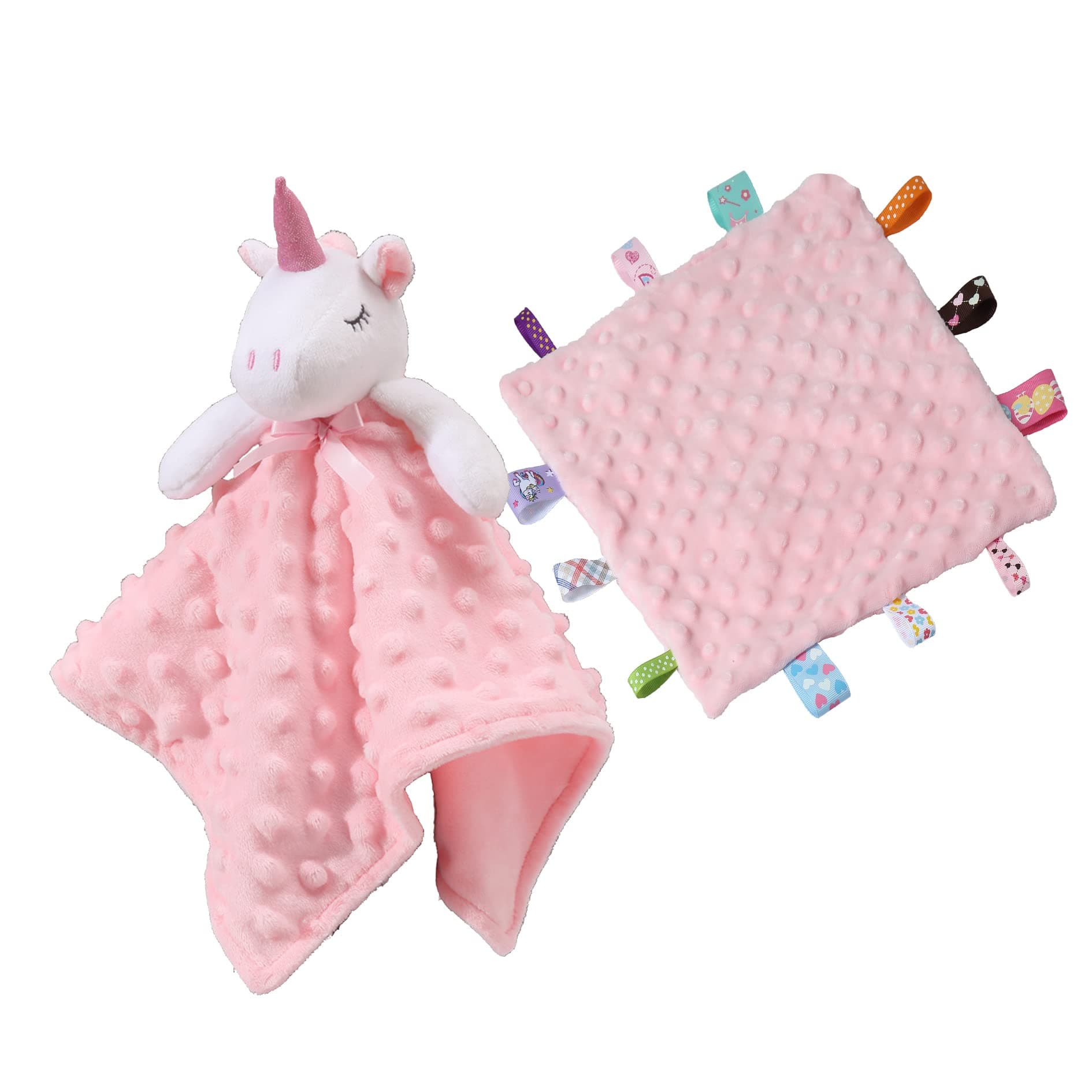 CREVENT Cozy Plush Baby Security Blanket Loveys for Baby Girls, Minky Front and Backing with Animal Face (Pink Unicorn + Tag)