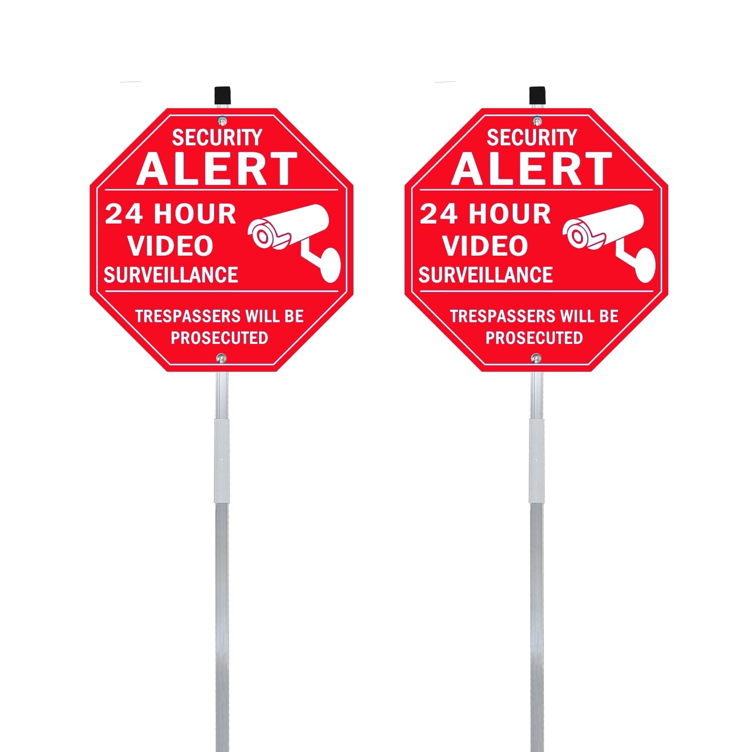 Security Alert 24 Hour Video Surveillance Sign All Activities Are Monitored, Rustproof Aluminum Yard Sign with Stake, Reflective Metal Sign, Red, 10 x 10 inch, 2 Pcs