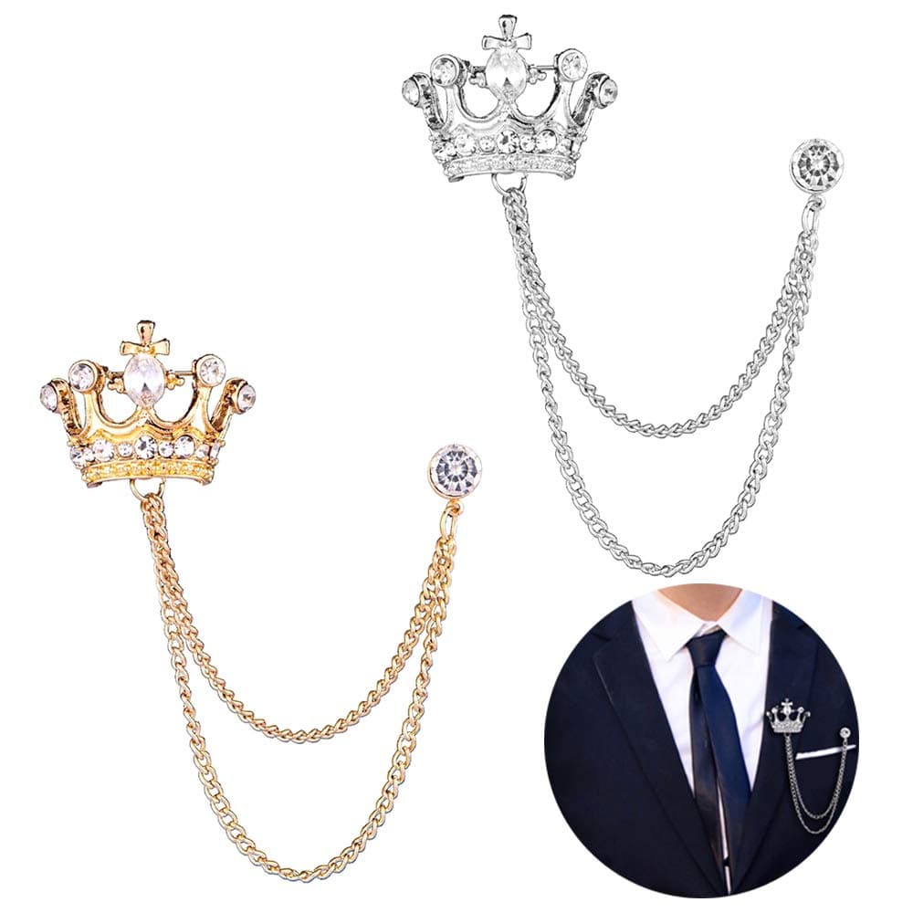 2PCS Men's Crown Hanging Chain Brooch with Stone Detailing, Engraving, Metal Crystal, Suit Stud Lapel Pin, Vintage Rhinestone Breastpin Wedding Brooch Pin, Gold and Silver, Silver Gemstone