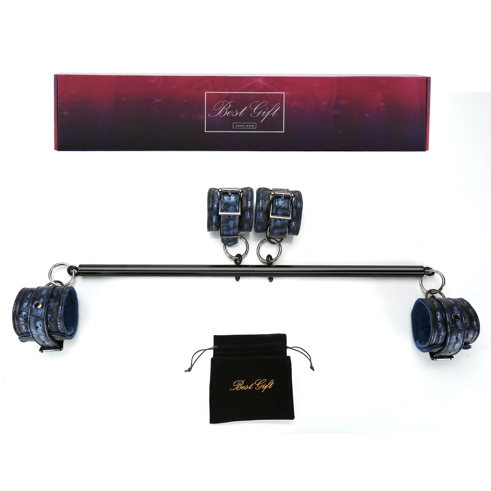 Black Spreader Bar Heavy Duty Stainless Steel Expandable Home Gym with 4 pcs Blue with Skull Pattern Adjustable Strap, Sports Aid Training Fitness Gear Pilates Aid Kit, Yoga Tool Set