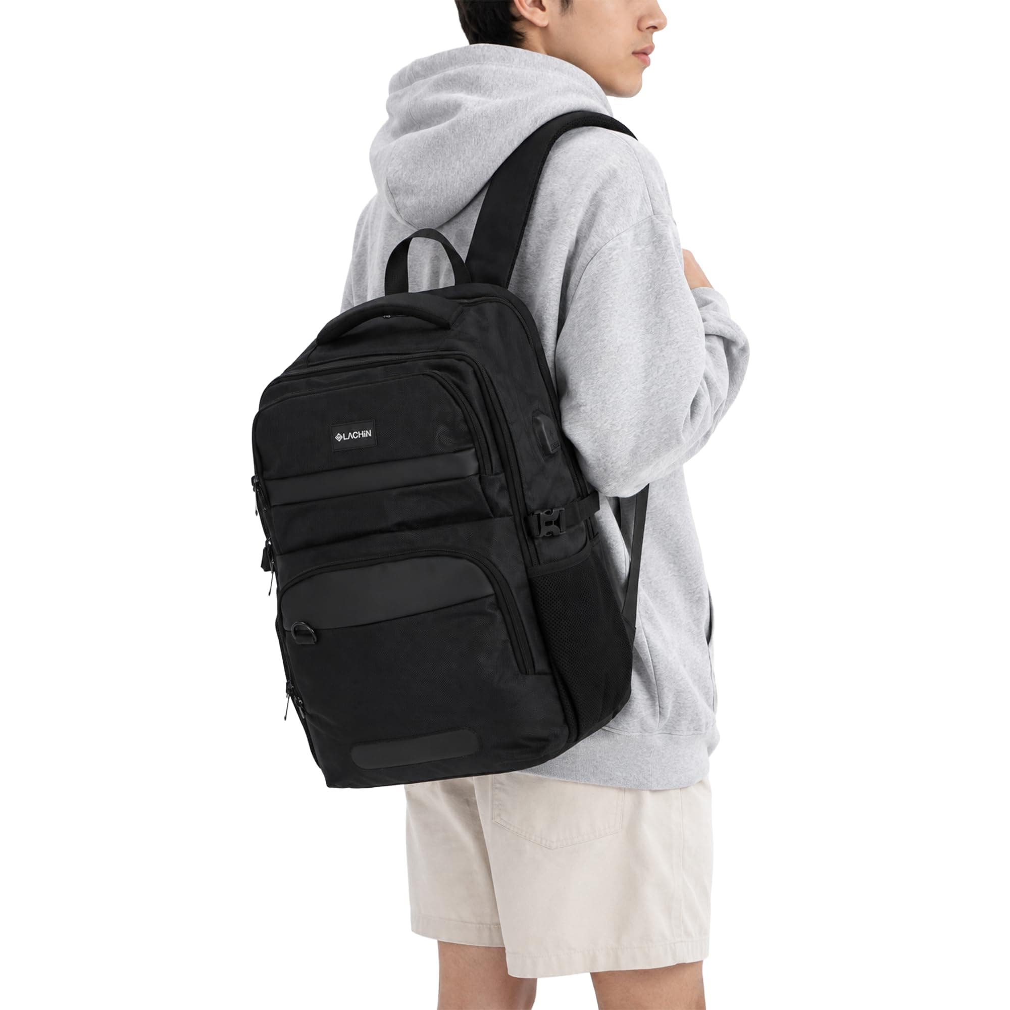 LACHIN Travel Laptop Backpack, 18.1" Anti-Theft Backpack w/USB Charging Port, 59L Large Capacity, College School Work Bag for Men & Women (Black)