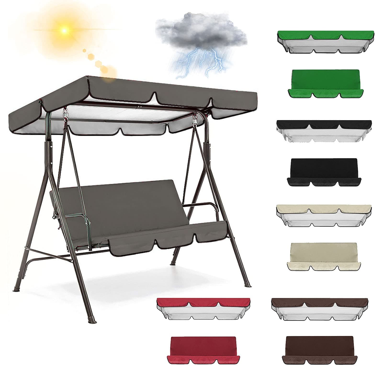 Universal Replacement Canopy for Swing Seat, Waterproof 2/3 Seater Large Swing Top Cover Roof and Seat Cover for Garden Outdoor, UV Protection,Grey-L195xW125xH15cm