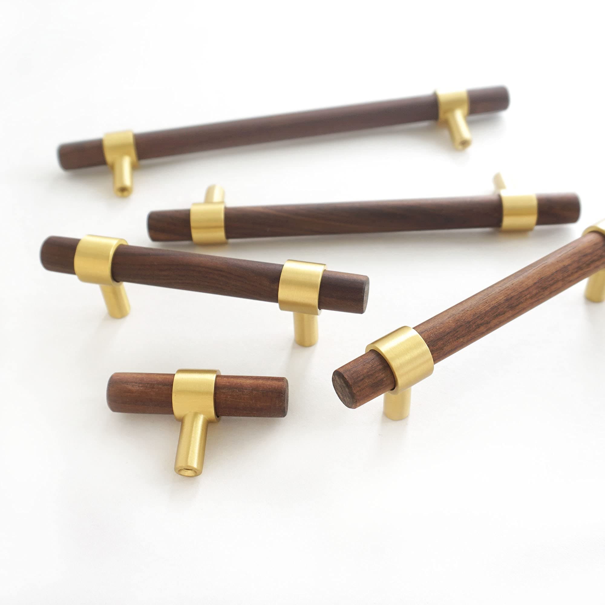 MFYS 2-3/4" Wood Drawer Pulls Knobs Gold Cabinet Knobs Pulls Walnut Handles for Dresser Hardware 70mm (2-3/4" Hole to Hole, Walnut Material, Brass Color)