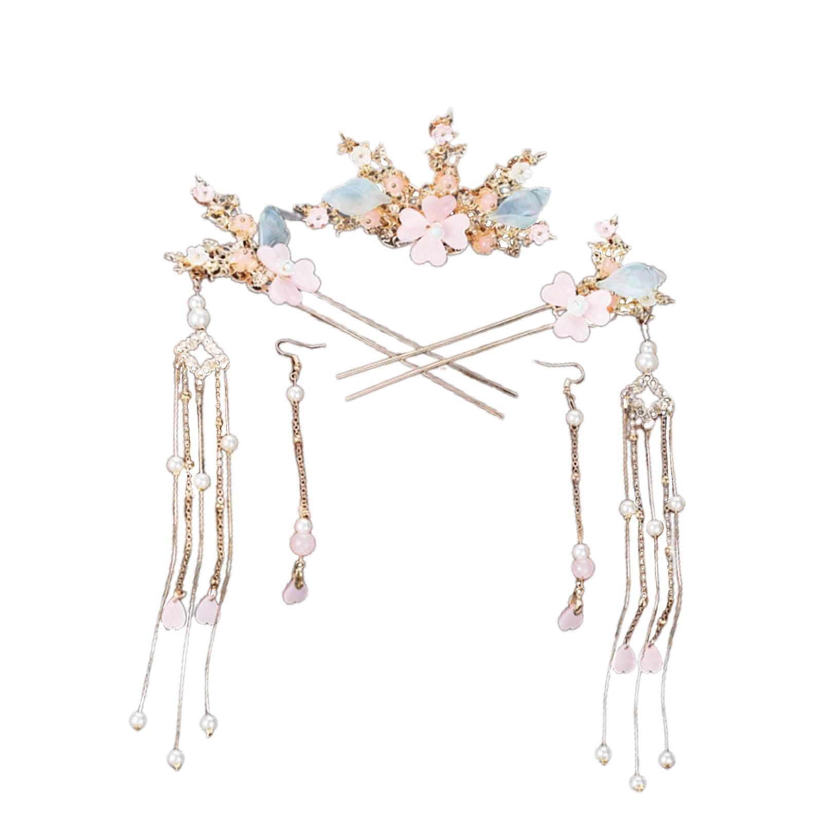 5 Pcs Flower Tassels Hairpin, Chinese Hair Pins Flower Pins for Hair, Chinese Hanfu Hairpin Rhinestone Pearl Clips Headpiece, Retro Hanfu Wedding Brides Updo Long Hair Accessories (Four Jade Leaves)