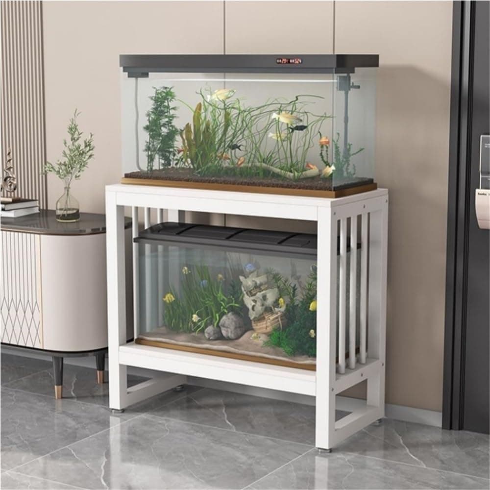 LFSBTI Double-layer Fish Tank Stand, Aquarium Stand with Metal Frame, Modern and Minimalist Storage Shelves, Fish Tank with Stand Use in Home, Office and Restaurant(White,60cm-23.6in)