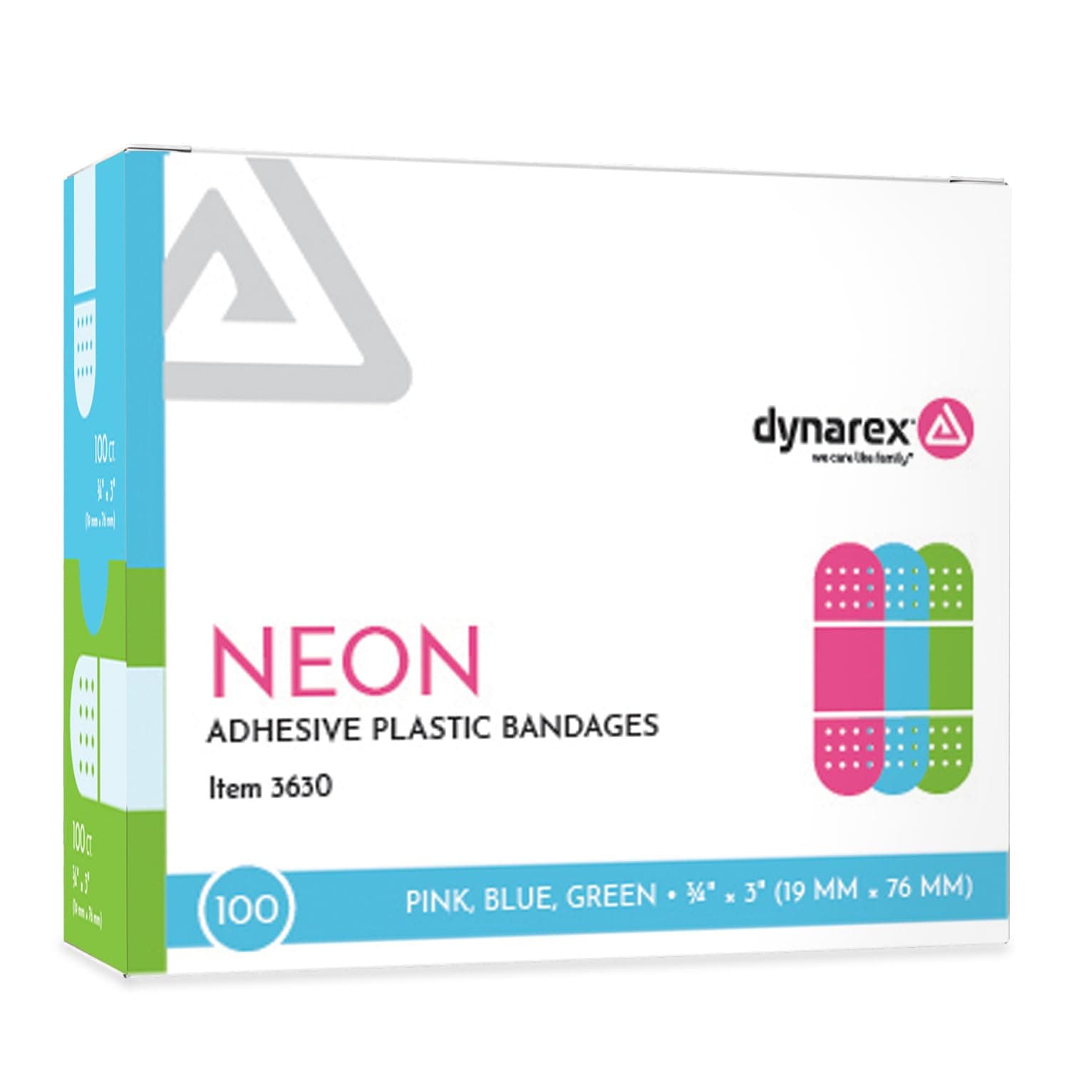 Dynarex Neon Colorful Plastic Adhesive Bandages - Blue, Green, Pink - Water-Resistant and Sterile, Non-Stick Pad First Aid - 3/4" x 3", 100 per Box