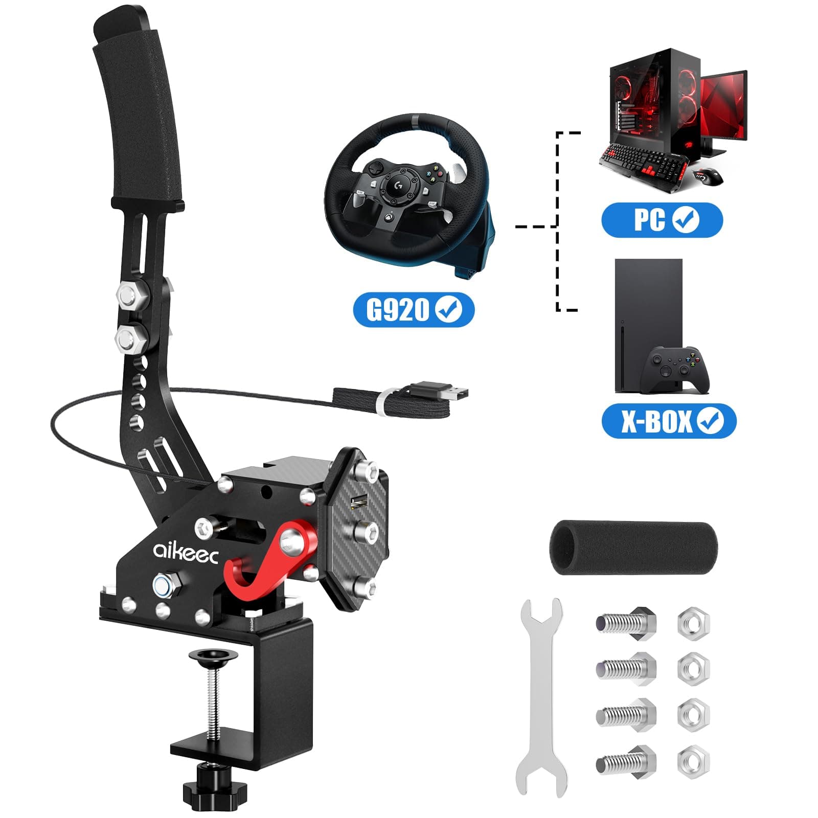 aikeec USB Handbrake Clamp for PC Sim Racing Games G25 G27 G29 T500 FANATECOSW DIRT RALLY Windows (Black, XBOX)