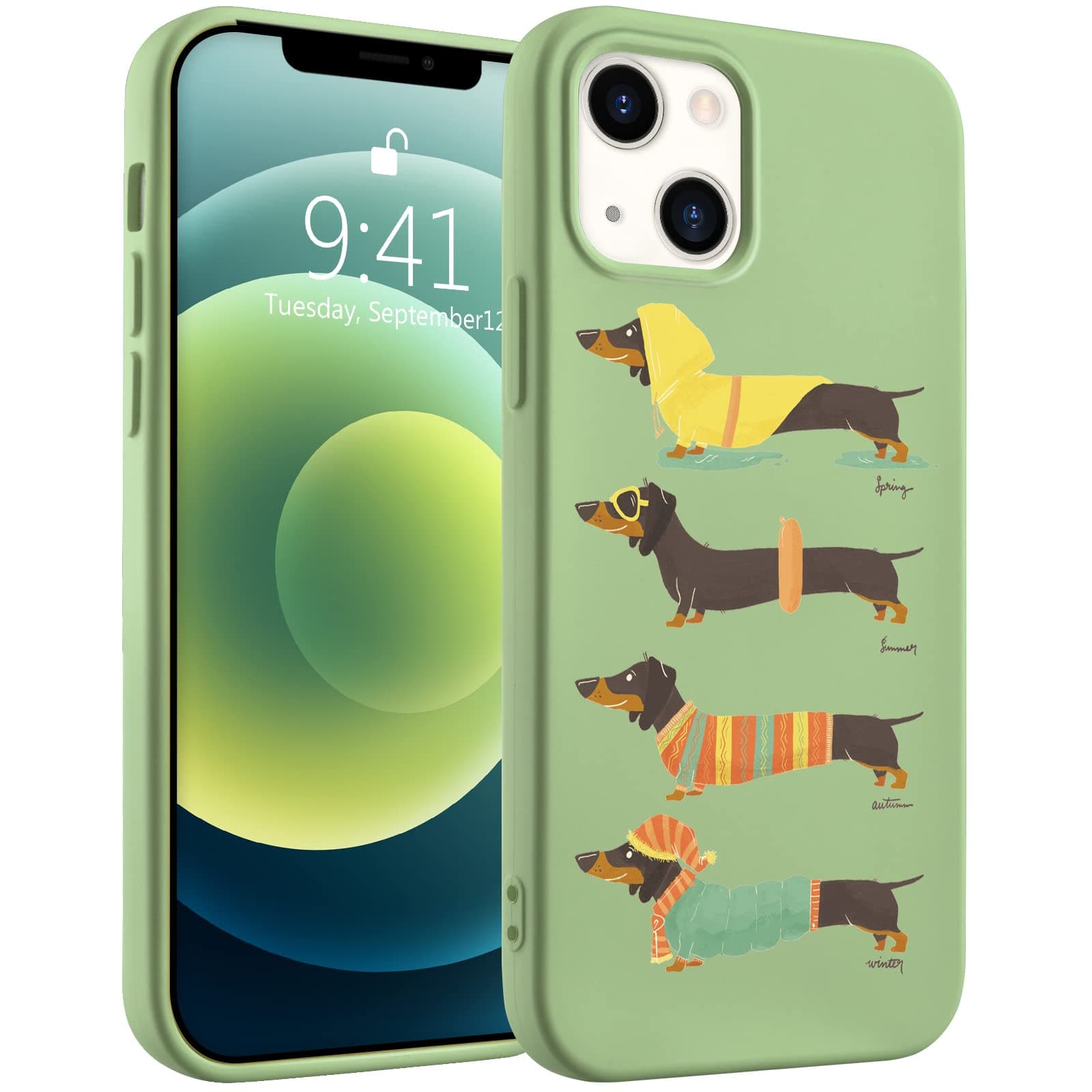 Idocolors Cute Dachshund Dog Phone Case Compatible with iPhone 14,Green Liquid Silicone Lovely Printted Case,Soft Gel Rubber Full-Body Protective Microfiber Lining Shockproof Case