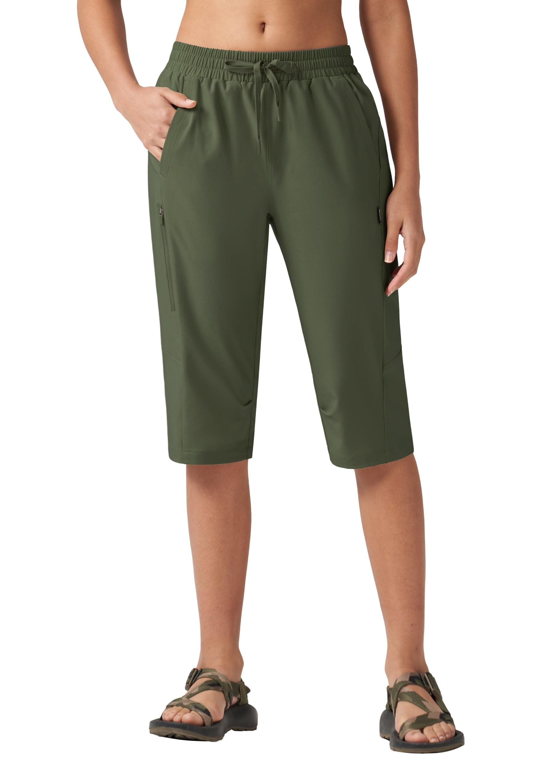Willit Womens 15" Hiking Long Shorts Lightweight Zipper Pockets Below Knee Length Cargo Quick Dry Water Resistant Green XL