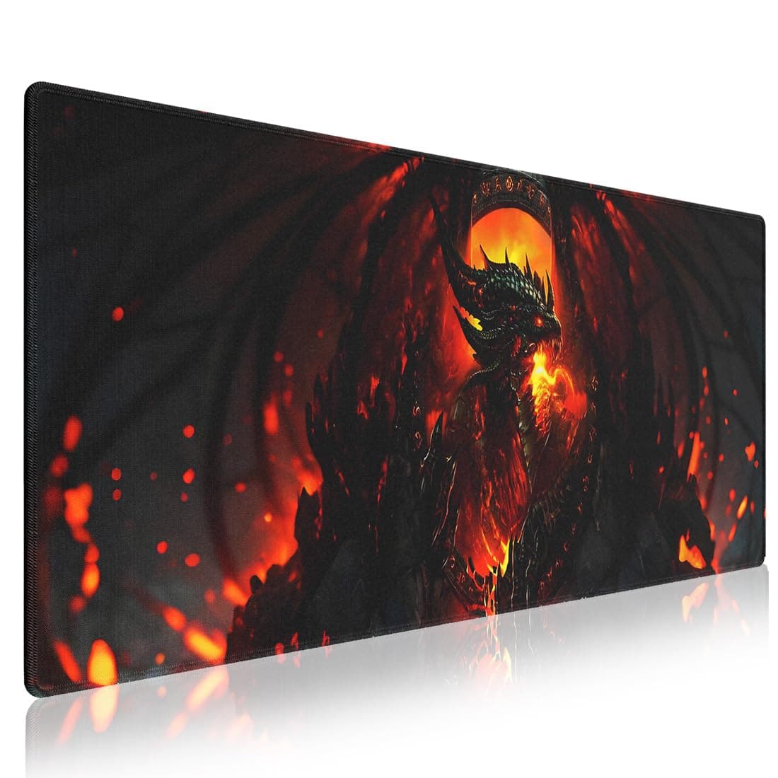 Extended XXL Gaming Mouse Pad with Stitched Edges for PC Home & Office 31.5 x 11.8 inches - Abstract Dragon of Flames and Shadows Design, Smooth Fabric Surface Anti-Slip Rubber Base Large Desk Mat
