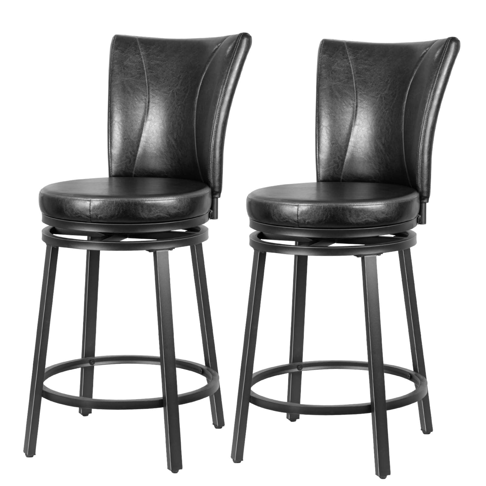Bar Stools Set of 2, Counter Height Bar Chairs with High with Backrest, 24.5" Faux Leather Round Swivel Barstools, Upholstered Metal Counter Stools for Kitchen Island, Pub, Black