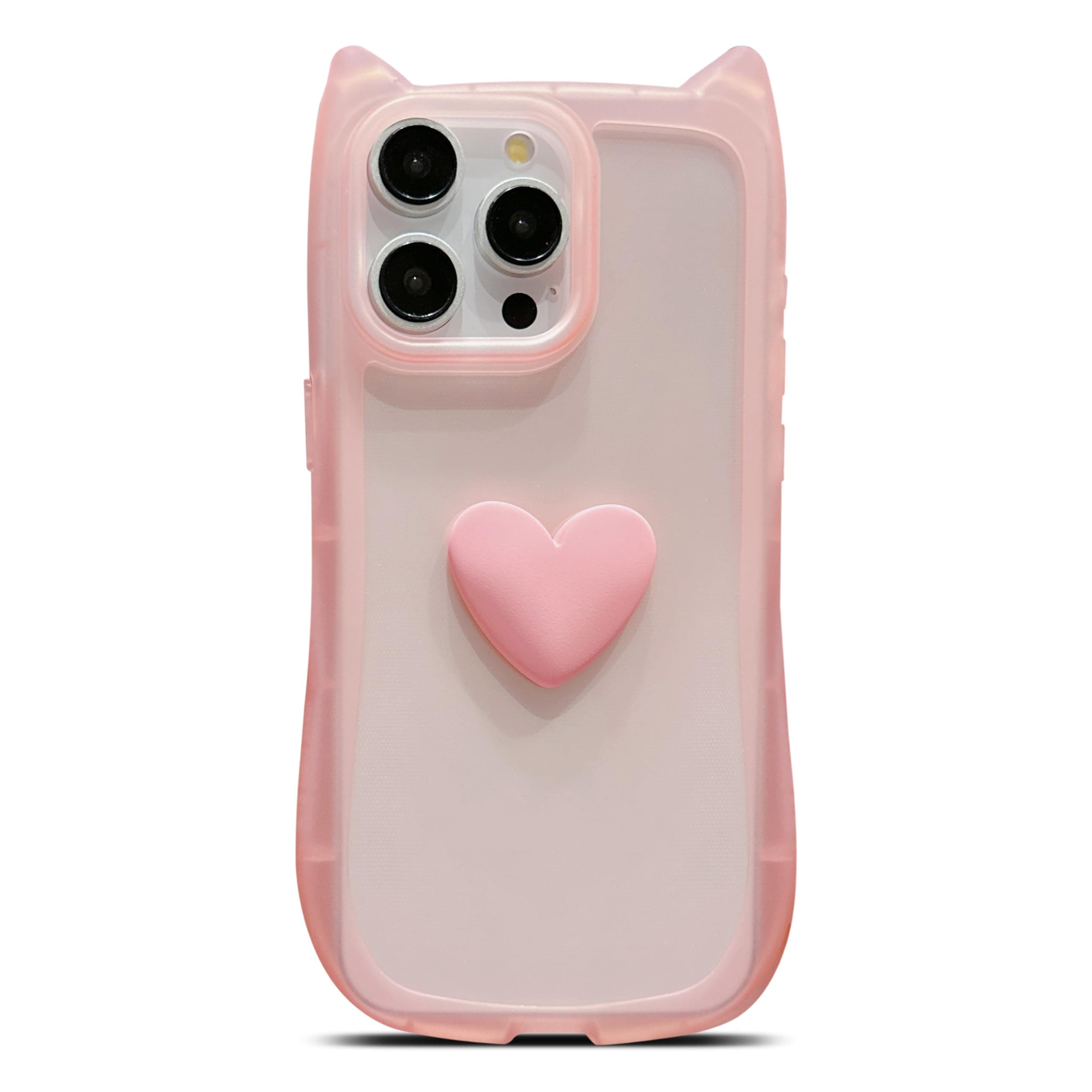 LYQZDT for iPhone 15 Pro Max Case 6.7" Cute 3D Love Heart Kawaii Cat Ear Clear Transparent Soft Silicone Shockproof Protective Arc Edge Bumper Phone Cover for Women (Pink)