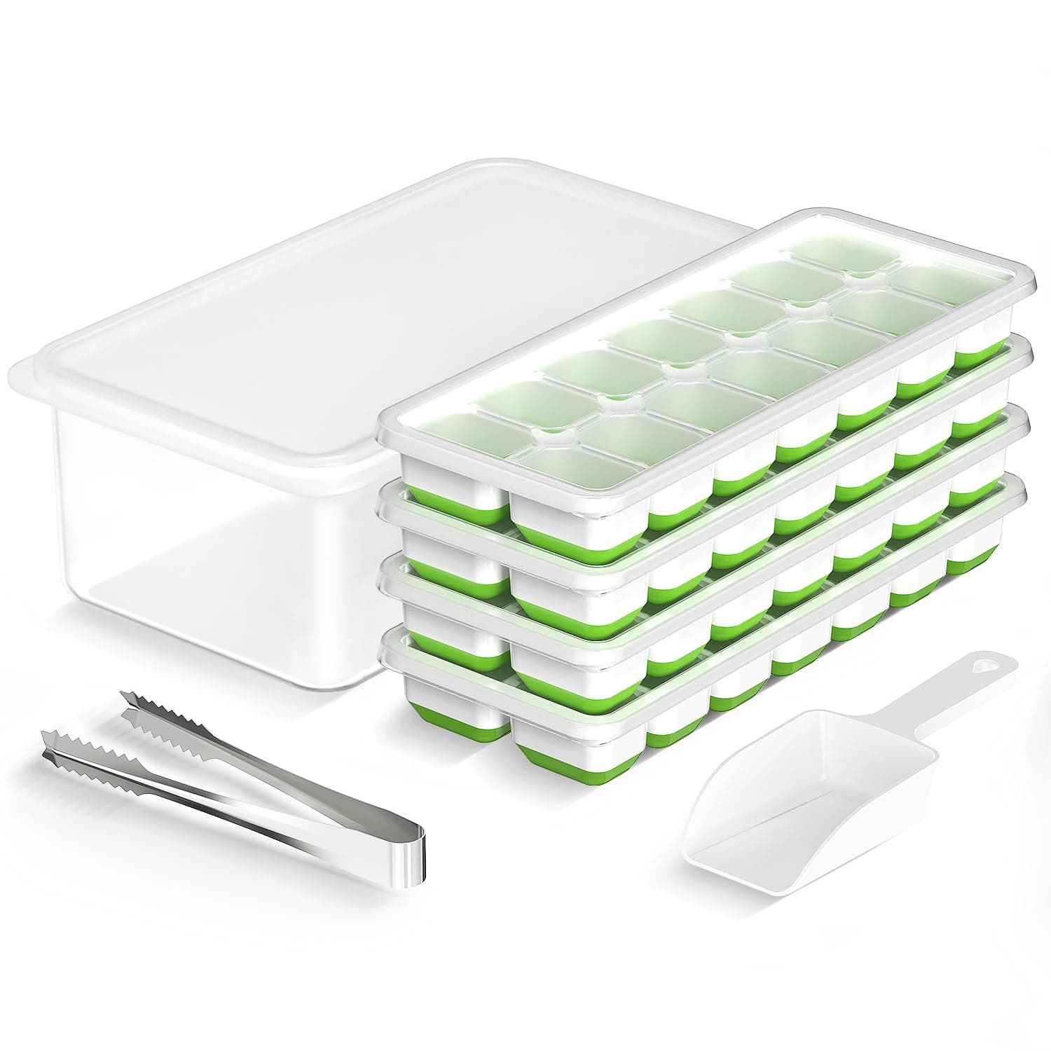 VEHHE 14-Ice Cube Trays, Silicone Bottom, Spillproof Lid and Bin, 4 Pack