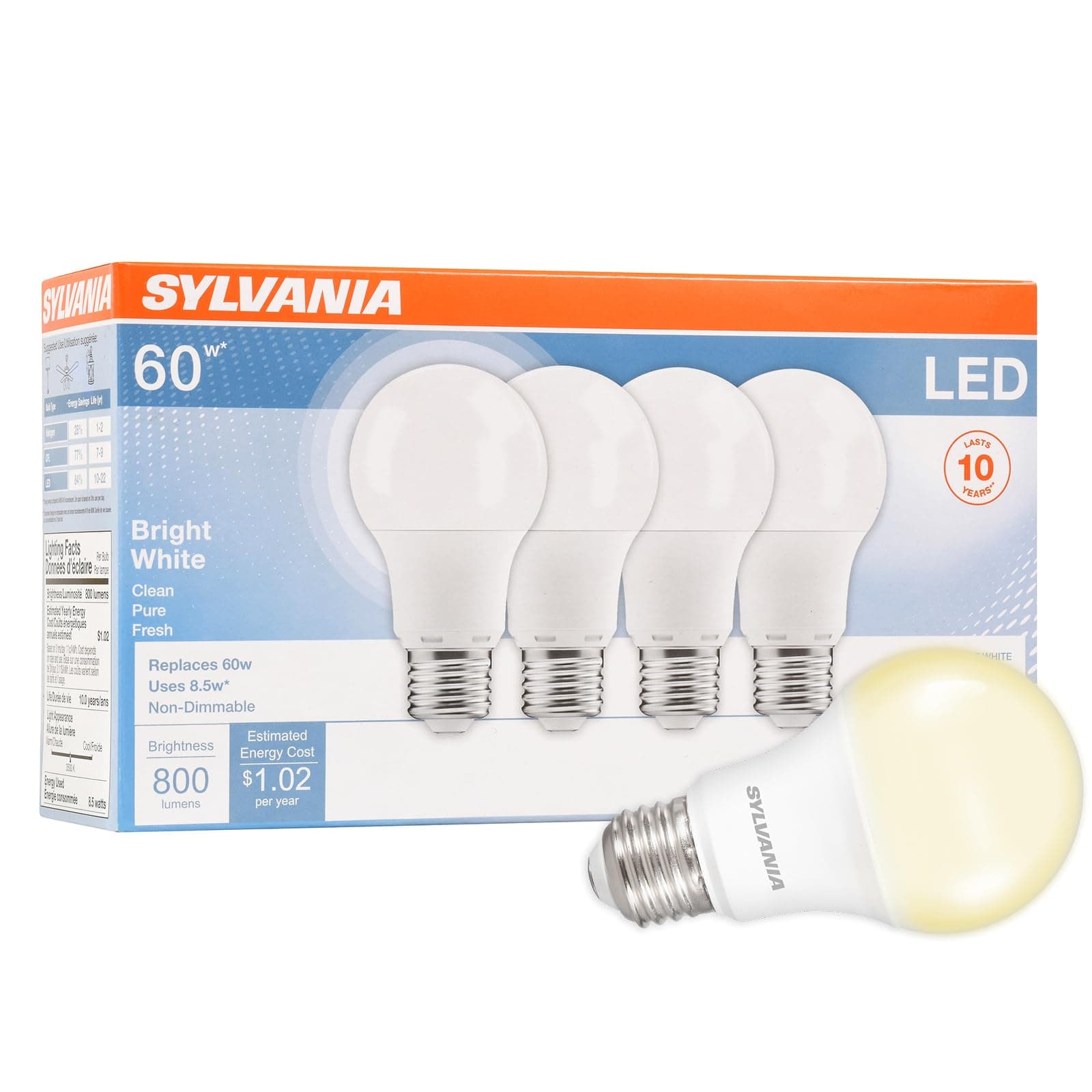 Sylvania Home Lighting 79704 Sylvania A19 Led Light Bulb, 60W Equivalent, Efficient 8.5W, Bright White 3500K