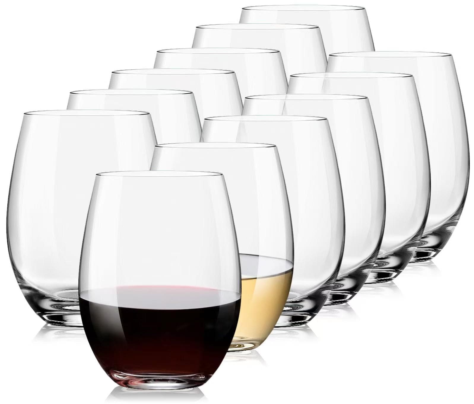 Potdoctor Stemless Wine Glasses Set of 12, 15 Ounce Crystal Wine Glass, Clear Red White Wine Glasses, Dishwasher Safe