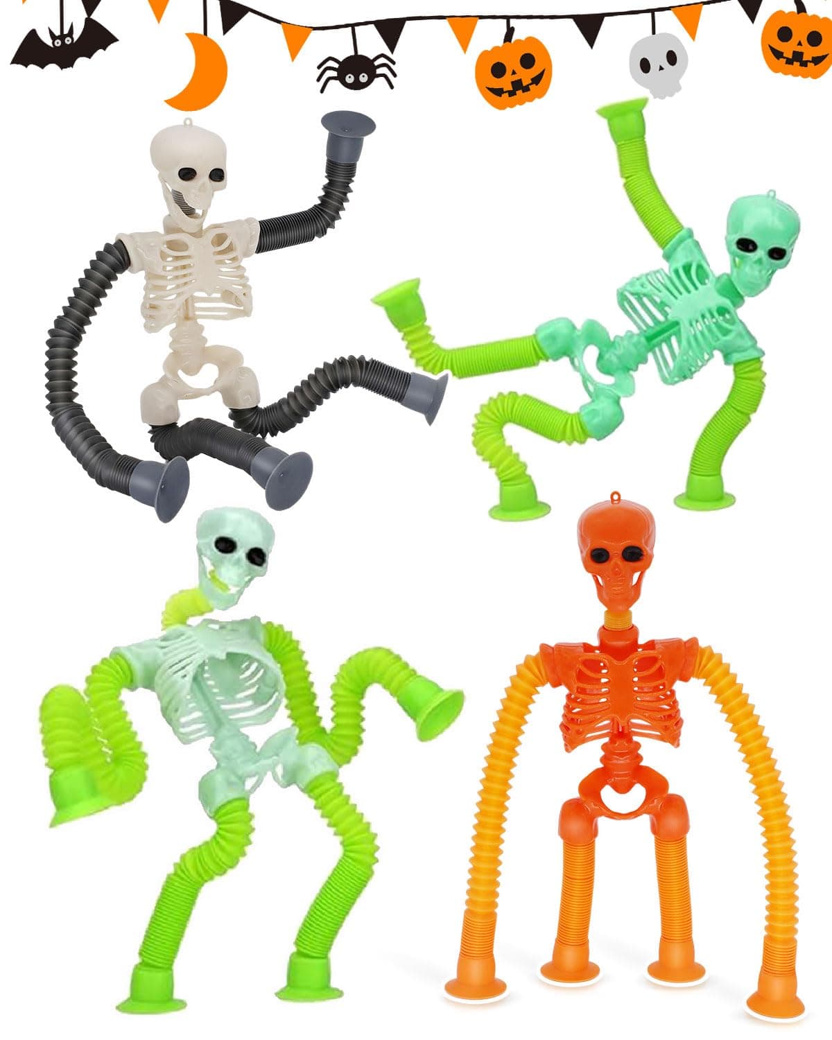 Pop Tubes Skeleton Halloween Toys 4 Pcs for Kids Sensory Fidget Toys Telescopic Suction Cup for Toddlers Boys Girls Autism School Treat or Trick Party Favors (Skull 4 pcs)