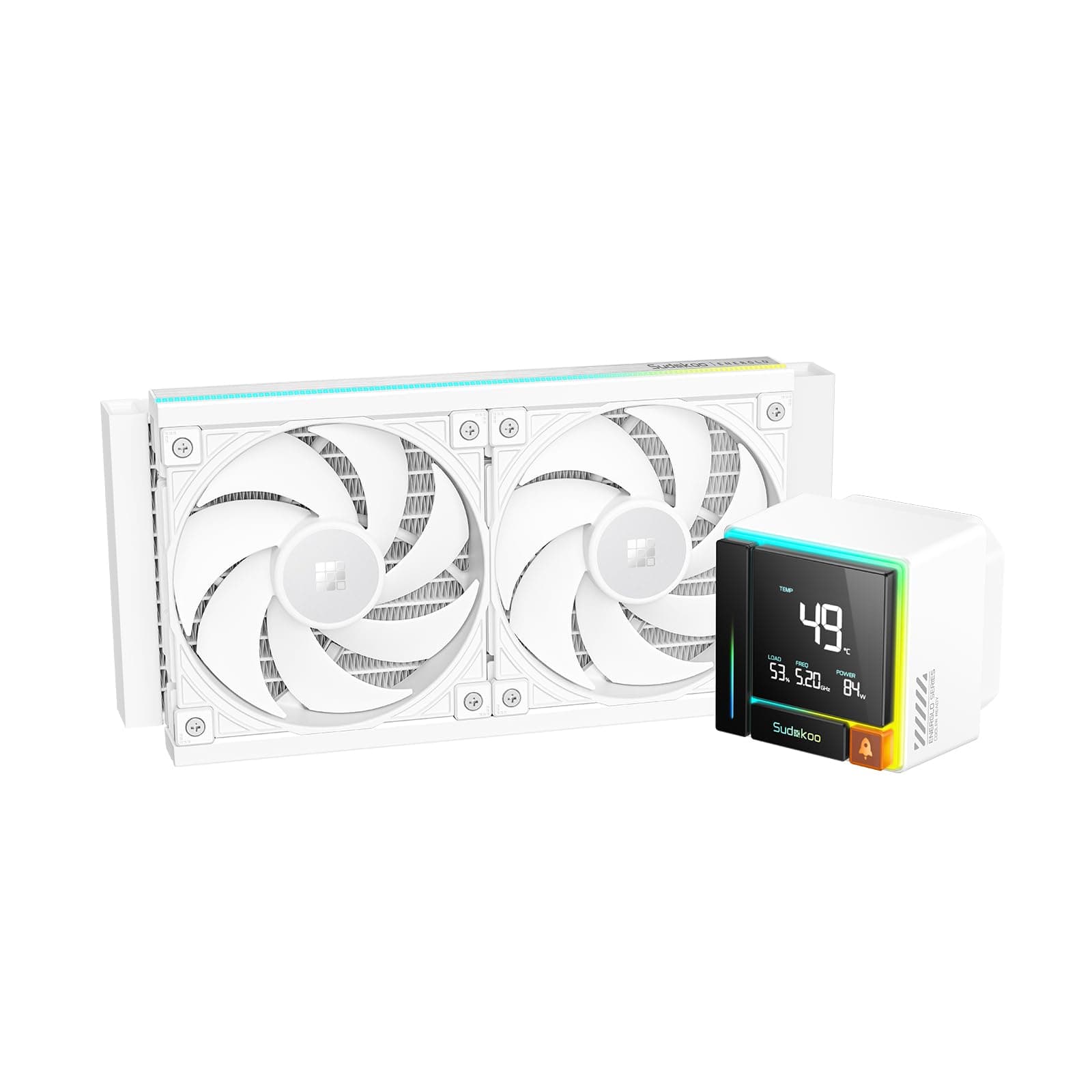 Sudokoo ENERGLO 240 White Liquid Cooler: 240mm AIO CPU Cooler with Data Display & PWM Pump - 2 x 120mm Water Cooling for Intel LGA 1851/1700/1200/115X & AMD AM5/AM4