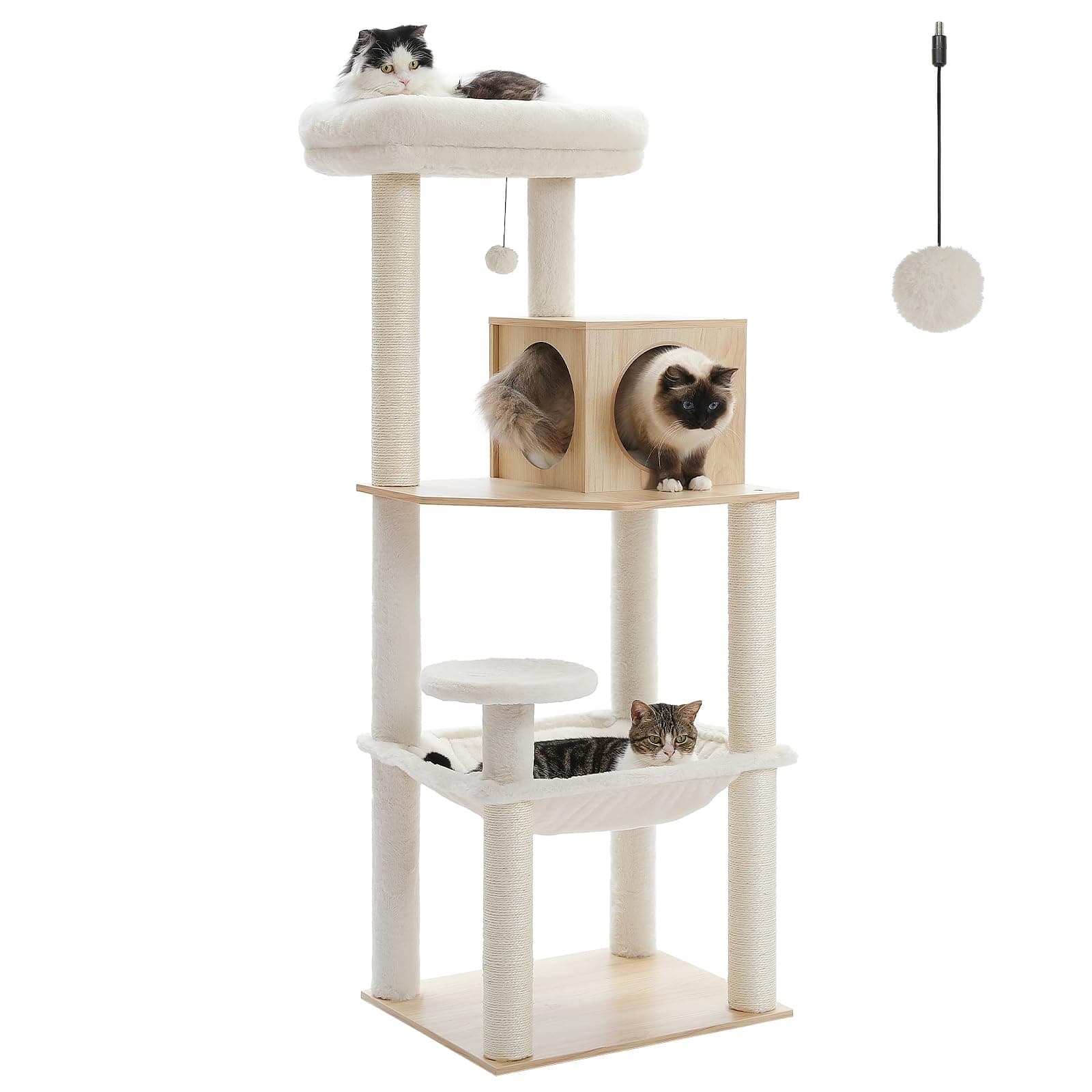PEQULTI 143cm Wood Cat Tree, Metal Hammock, 2-Door Condo, Beige