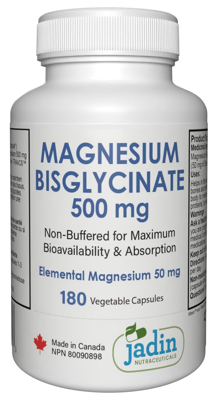 Jadin Magnesium Bisglycinate 500 mg – Pure, Non-Buffered – 180 Capsules
