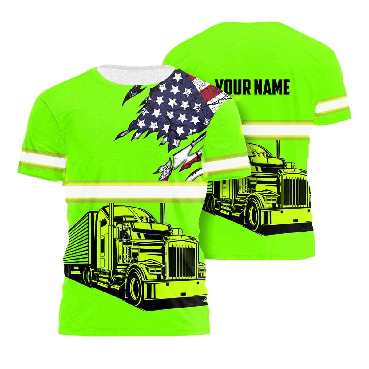 Matedecor Safety Shirt Green Gradient Semi Truck Driver Customize Name High Visibility Shirt for Men Reflective Shirt Hi Vis Shirt Workwear for Runners, Walkers, Trucker, Operator, Patriotic-XL