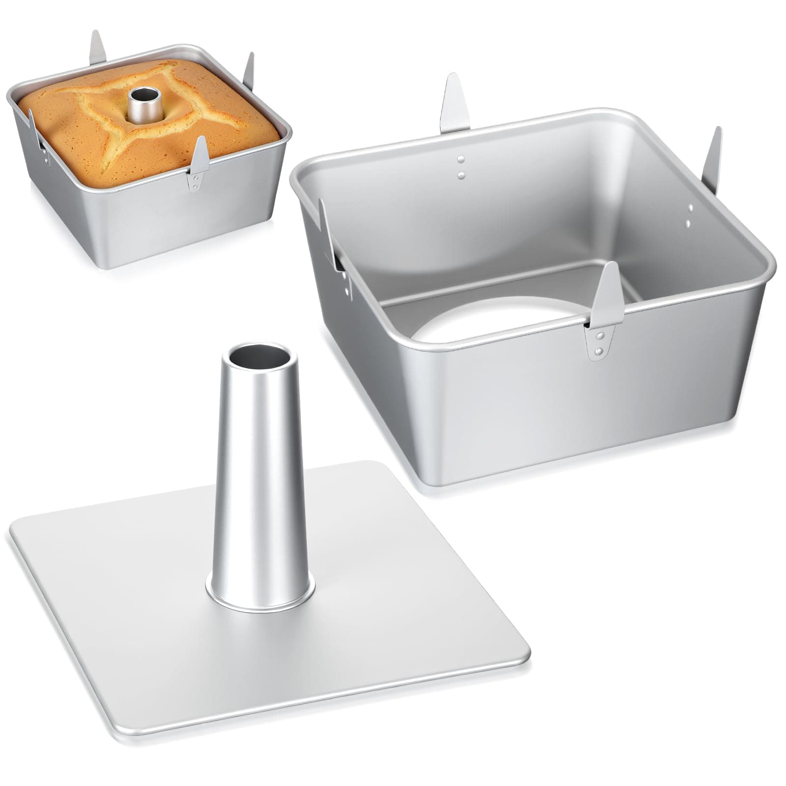 Vesici 9 Inch Square Tube Cake Pan with Cooling Feet Angel Food Cake Pan with Removable Bottom Non-stick Aluminum Alloy Pans for Baking Pound, Chiffon Cakes(Silver)