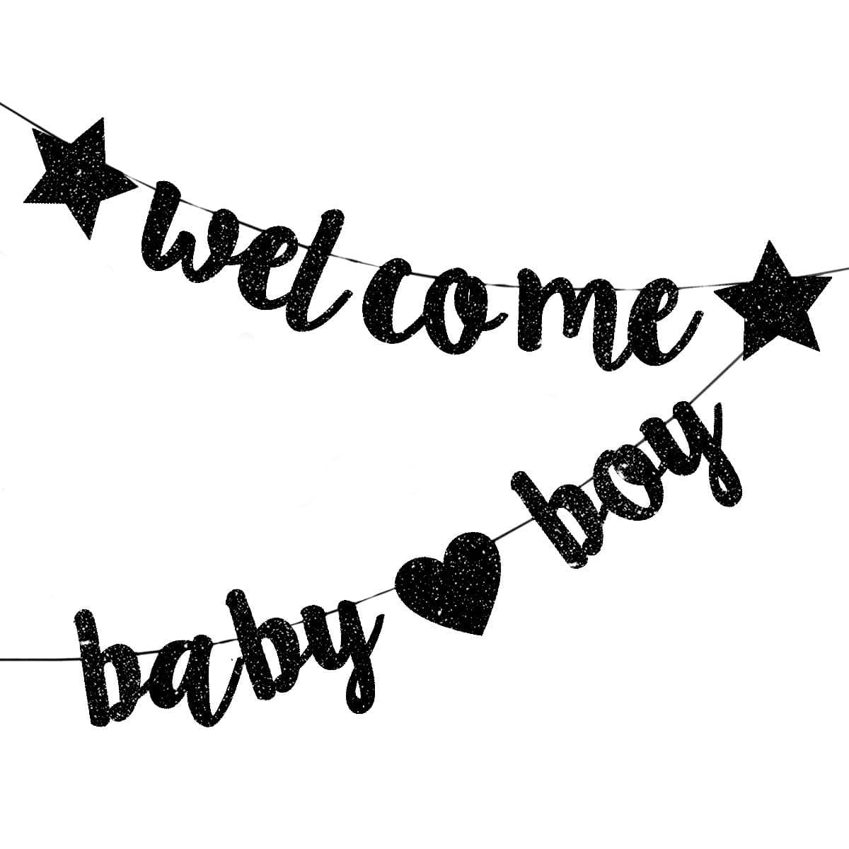 Baby Shower Decorations for Boys, Glitter Welcome Baby Boy Banner, Newborn Birthday Party Hanging Bunting, Black