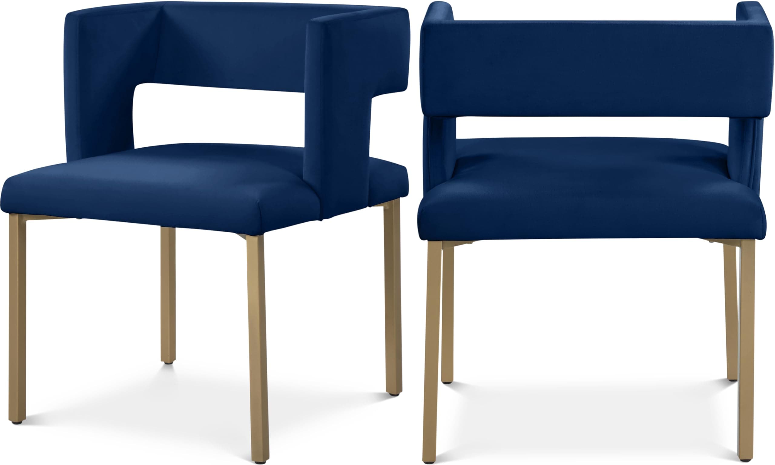 Meridian Furniture Caleb Collection Modern | Contemporary Upholstered Dining Chair with Unique Squared Back and Sturdy Iron Legs, Set of 2, 23" W x 21" D x 30" H, Navy Velvet, Gold
