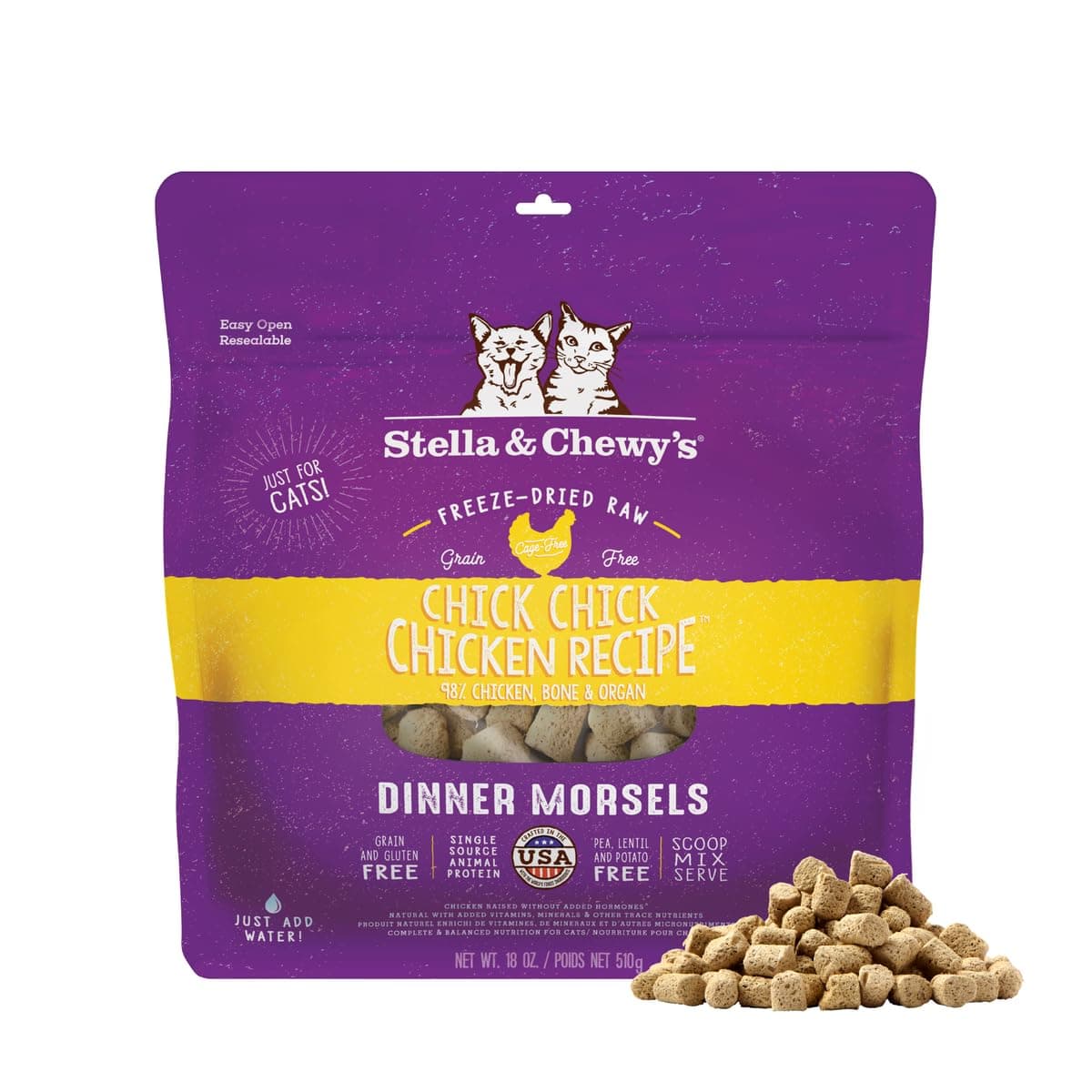 Stella & Chewy's Freeze-Dried Raw Cat Dinner Morsels – Grain Free, Protein Rich Cat & Kitten Food – Chick Chick Chicken Recipe – 510g Bag