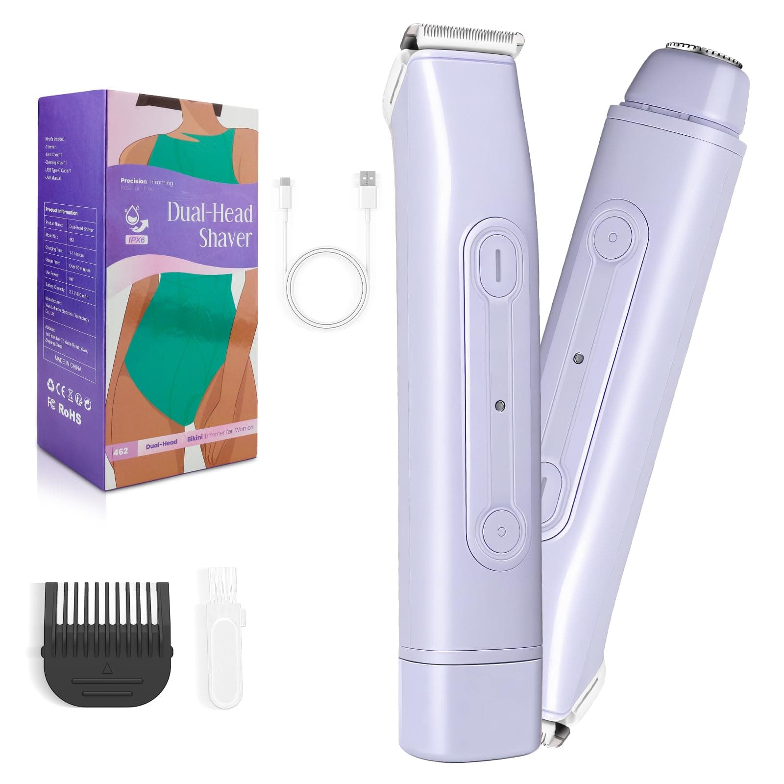 Lanumi 2 in 1 Electric Shaver Dual Head Bikini Trimmer Women IPX6 Wet Dry Pubic Hair Trimmer Rechargeable Body Facial Hair Remover for Face Lip Chin Underarm Legs (Purple)