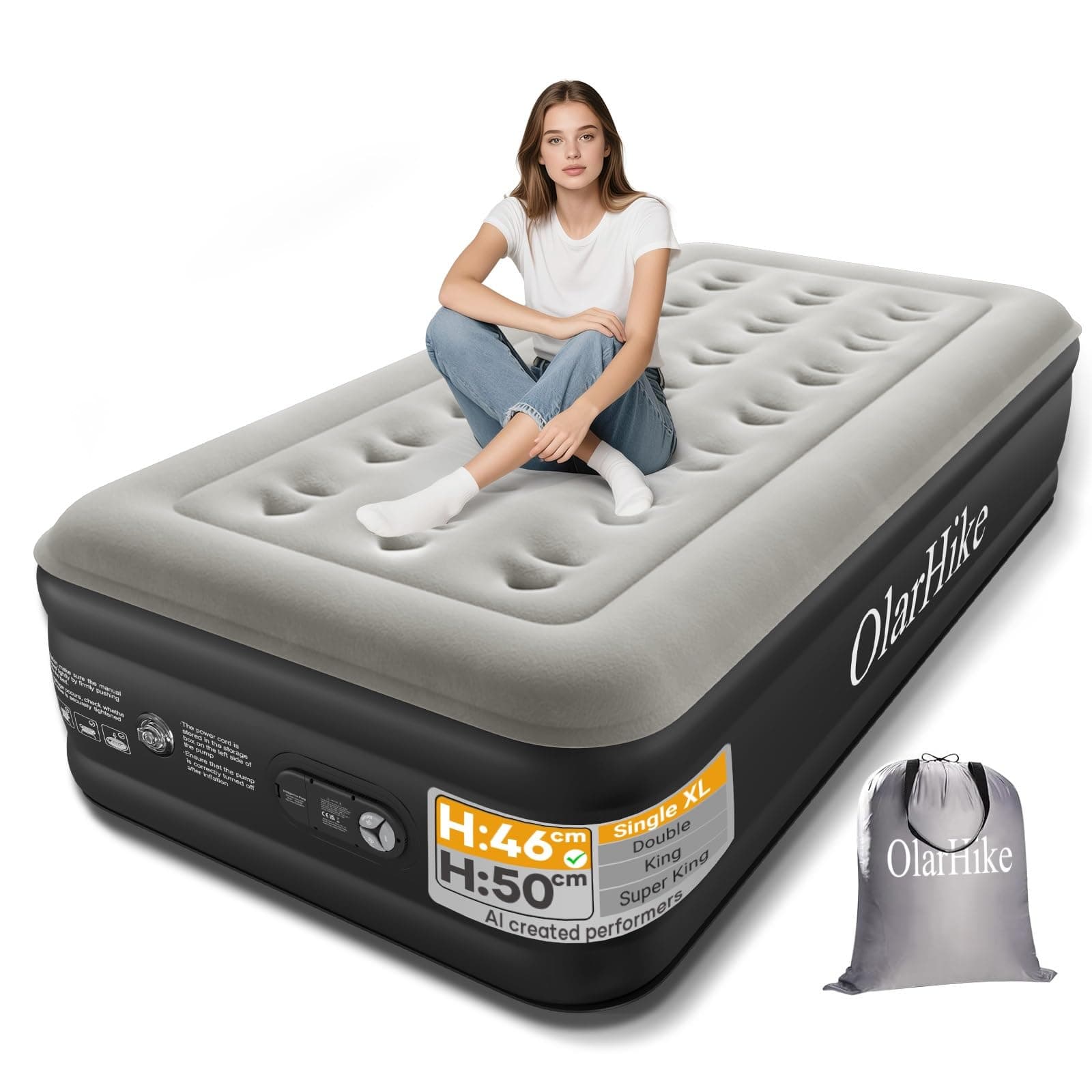 OlarHike Single Airbed, Inflatable Air Mattress, 90 x 200 x 46cm, 150KG