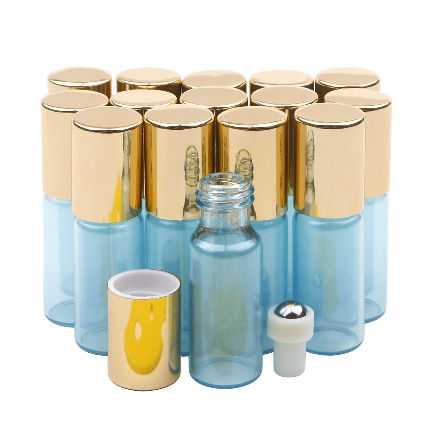 Kesell 5ml Essential Oil Roller Bottles 15 Pack Pearl Light Blue Glass Rollerball Bottles Empty Small Perfume Vials with Stainless Steel Roller Balls and Golden Lids