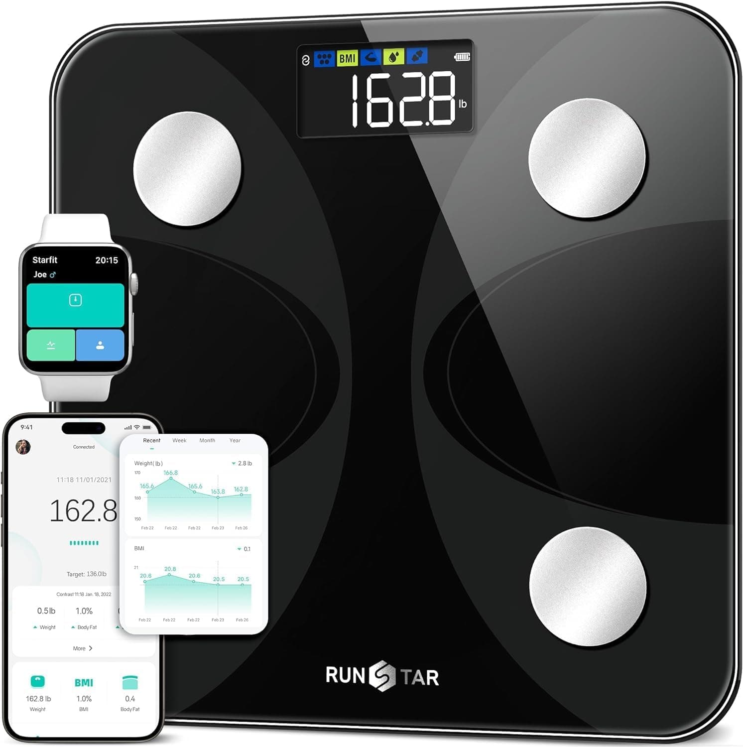 RunStar Smart Scale for Body Weight and Fat Percentage, High Accuracy Digital Bathroom Scale FSA or HSA Eligible with LCD Display for BMI 13 Body Composition Analyzer Sync with Fitness App